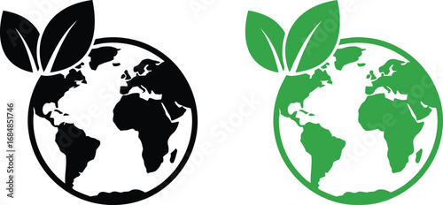 Eco-friendly earth icons with green leaves symbolizing nature silhouette