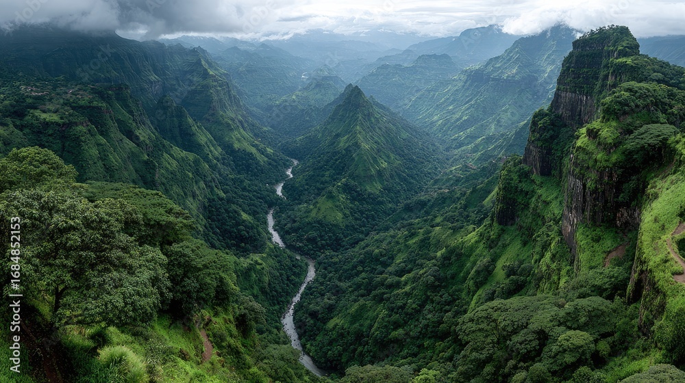Fototapeta premium Lush valley, deep gorges, verdant mountains