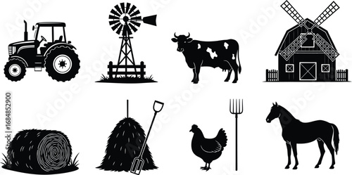Farm animals and equipment silhouettes for countryside scenes silhouette