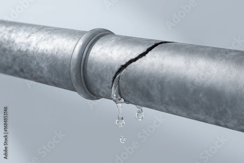Cracked Metal Water Pipe with Leaking Drops