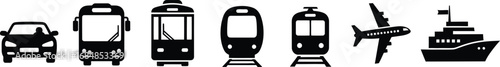 Diverse transportation icons car bus train airplane ship set silhouette