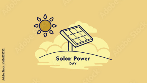 Clean Energy:  A Sunny Day Illustration Featuring a Simple Line Art Solar Panel,  Representing Sustainable Power and Renewable Resources for a Positive and Eco-Friendly Concept.
