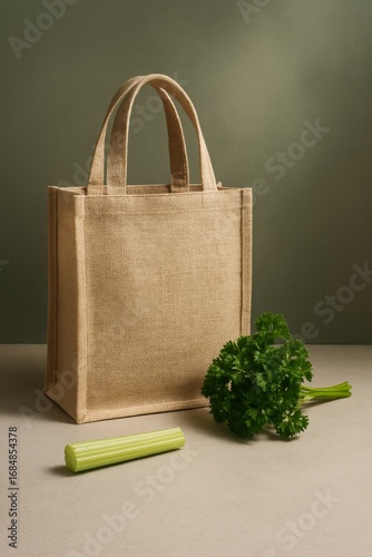 A natural jute bag with a bunch of parsley and a celery stalk next to it