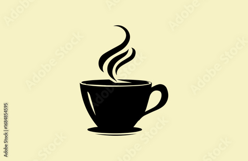 Stylized illustration of a steaming coffee cup with a bold black outline and vibrant yellow accents on a clean background