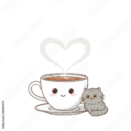 Cute cat with a smiling coffee cup and heart-shaped steam on a blank background