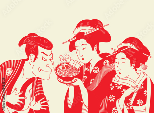 Waitress serving ramen in traditional Ukiyo-e Kabuki style illustration, blending Edo-era Japanese art with modern food culture and vintage poster design. 