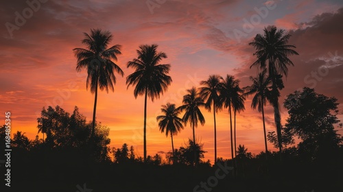 Jungle sunset with silhouettes of tall palm trees, cinematic natural style