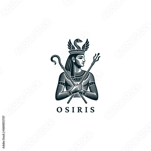 engraved illustration of Osiris, the ancient Egyptian god, holding a crook and flail vector template