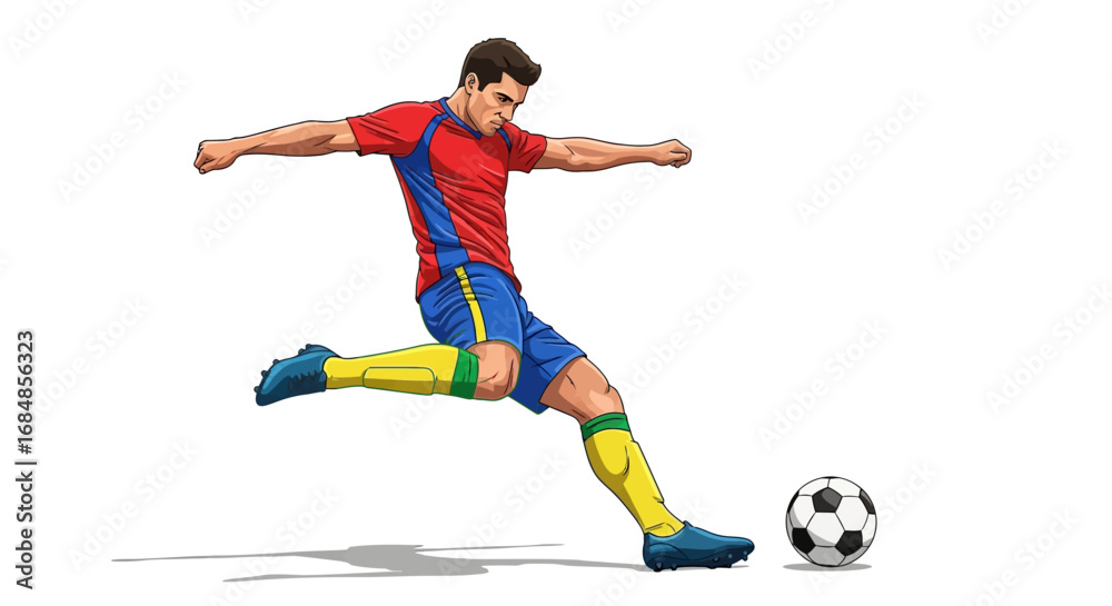 Fototapeta premium Dynamic athlete powerfully kicks soccer ball capturing the thrill of the game in a bold athletic pose