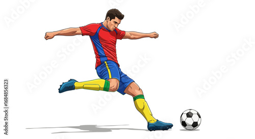 Dynamic athlete powerfully kicks soccer ball capturing the thrill of the game in a bold athletic pose