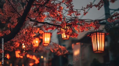 Aesthetic night view of sakura trees illuminated by lanterns, dreamy cinematic style