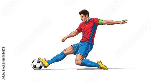 Dynamic soccer player in action, mid-kick with intense focus, capturing the thrill of the game