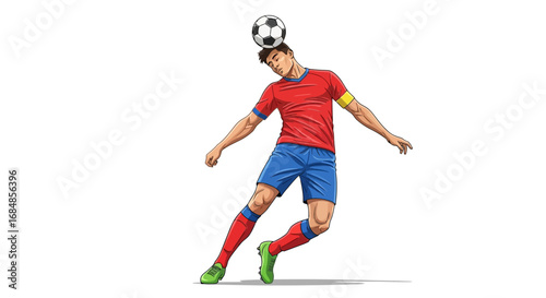 Dynamic soccer player expertly heads ball during intense match, showcasing skill and athleticism for sports marketing