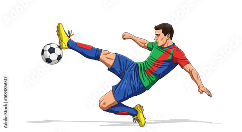 Dynamic soccer player executing a powerful bicycle kick with athletic grace and intense focus on a clean white background