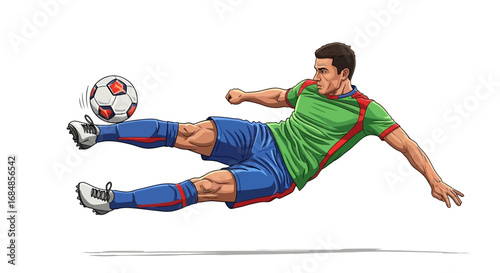Dynamic soccer player in mid-air executing a powerful kick, capturing athletic skill and intense competition