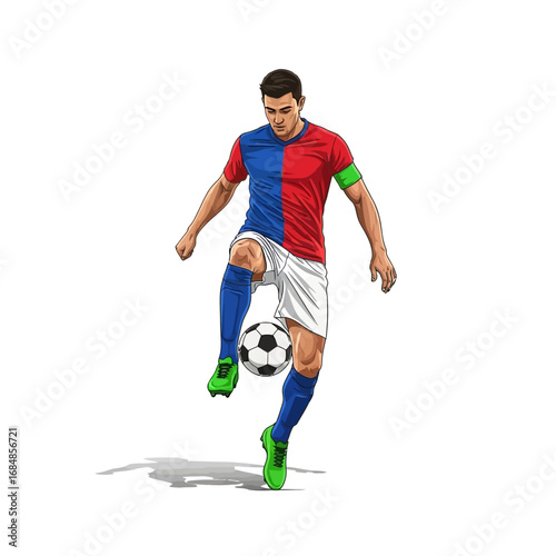 Dynamic soccer player expertly juggling ball, showcasing skill and athleticism in vibrant sports attire