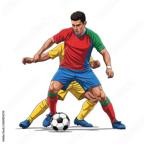 Dynamic soccer players battle for possession of the ball during an intense match, showcasing athletic skill and competitive spirit.