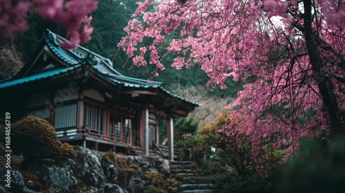 Sakura blossoms on a quiet hillside temple, spiritual aesthetic style