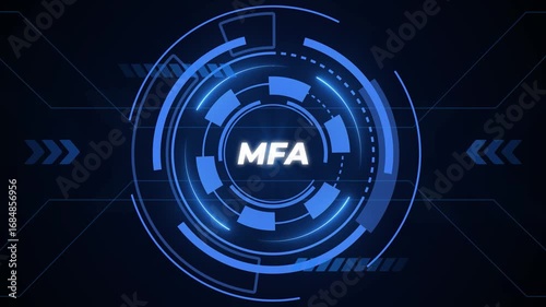 Digital HUD Display Featuring MFA Acronym in Bright Blue Neon Lights on a Dark Tech Background security