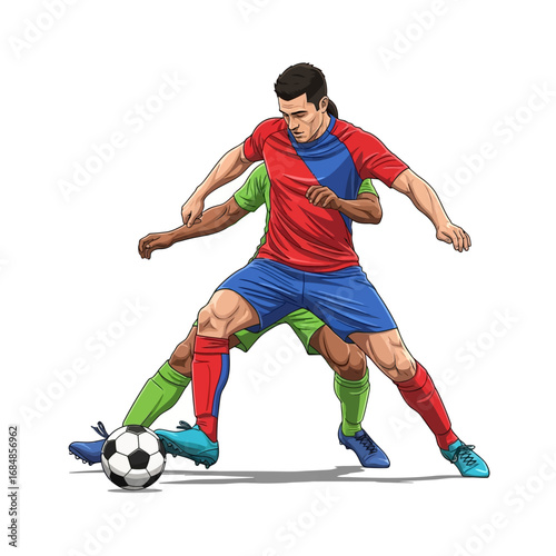 Dynamic soccer players battling for ball possession in intense match action, showcasing athletic skill and competitive spirit