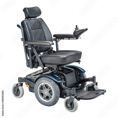 Sleek black electric wheelchair with headrest and armrests isolated on a transparent background mobility