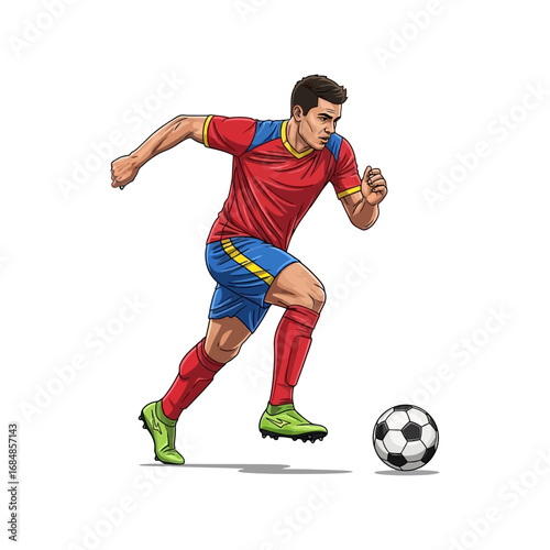 Dynamic soccer player aggressively dribbles ball during intense match, showcasing athletic skill and competitive spirit