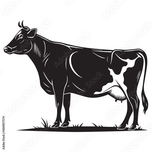Holstein Cow Silhouette Vector Logo. A clean black and white dairy cattle icon for farm and milk product branding