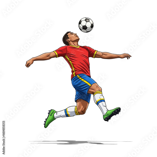 Dynamic soccer player skillfully controls ball mid-air during intense match action, showcasing athletic prowess and competitive spirit