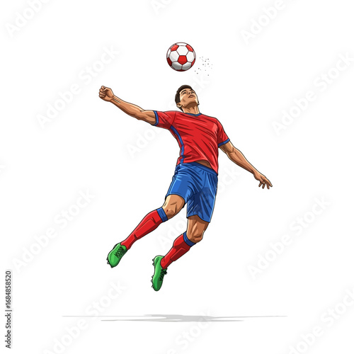 Dynamic soccer player leaps skyward for an aerial header, capturing peak athletic action and competitive spirit.