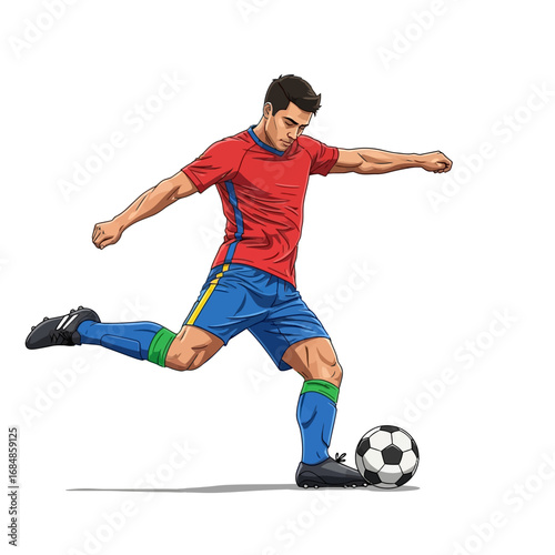 Dynamic soccer player powerfully kicking ball during exciting match, showcasing athleticism and competitive spirit