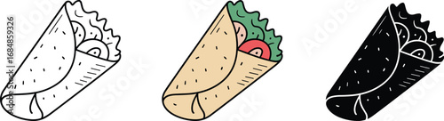 Delicious burrito wrap vector illustration, fast food design with tortilla, vegetables, tomato, lettuce, line art, colored, black silhouette, Mexican cuisine concept