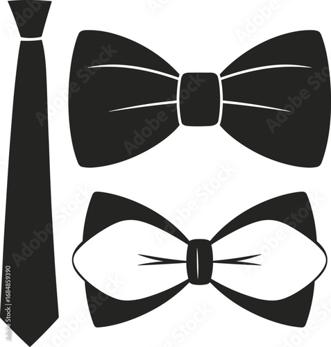Formal necktie and bow tie vector illustration, elegant fashion accessory icons, black silhouette design, clothing decoration set for business, wedding, party style themes