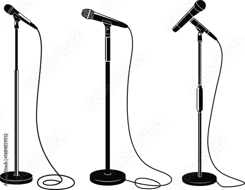 Microphone vector illustration, stage mic with stand, audio recording equipment graphic, concert sound symbol, live performance icon, music presentation design for studio and events