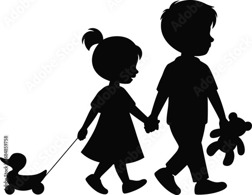 Silhouette of children walking together, little boy holding teddy bear, girl pulling toy duck, kids illustration vector, childhood friendship concept art