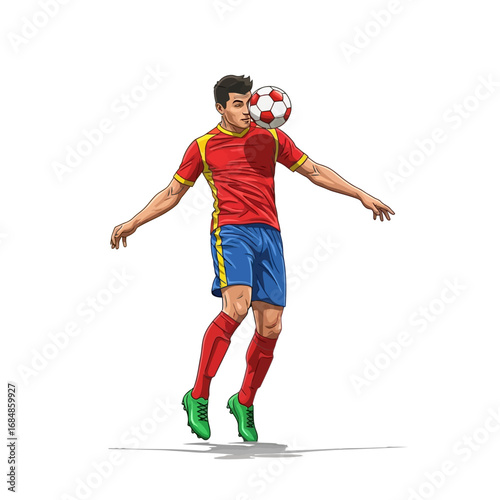 Dynamic soccer player expertly balancing ball on head during energetic mid-air maneuver, showcasing athleticism and skill
