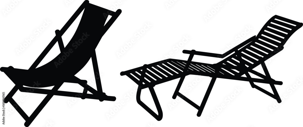 Fototapeta premium Silhouette vector of beach deck chair and lounge chair, outdoor summer furniture illustration, relaxing sunbed design for vacation, resort, poolside, seaside leisure artwork