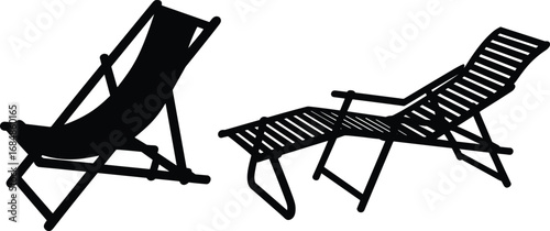 Silhouette vector of beach deck chair and lounge chair, outdoor summer furniture illustration, relaxing sunbed design for vacation, resort, poolside, seaside leisure artwork