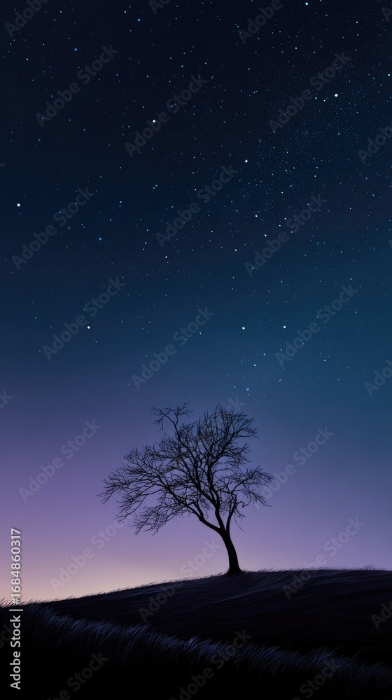Naklejka premium Silhouetted tree under a starlit night sky