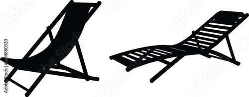 Summer beach chair vector silhouette, lounge seat illustration, outdoor relaxation furniture design, sunbed icon set, vacation symbol, black deckchair graphic for holiday themes