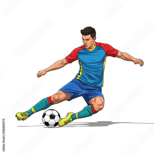Dynamic soccer player skillfully dribbles ball in vibrant action pose, capturing athletic energy and competitive spirit on white background
