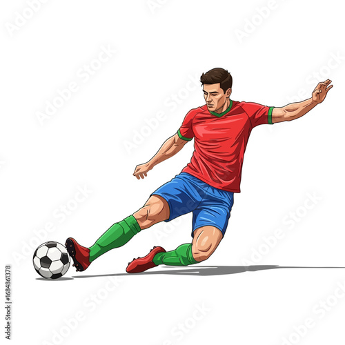 Dynamic soccer player executes powerful kick, capturing the thrill of competition and athletic achievement in motion