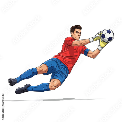 Dynamic soccer goalkeeper makes a dramatic diving save, catching the ball with focused intensity
