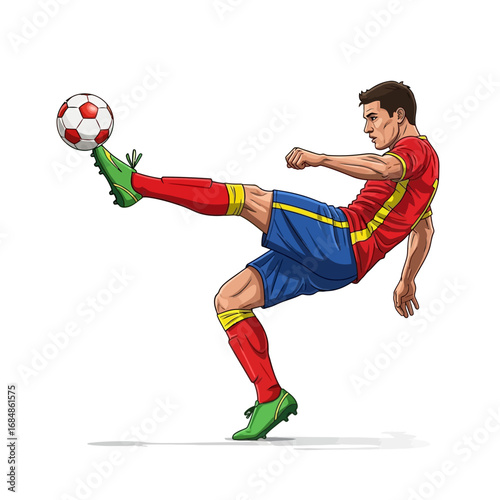 Dynamic soccer player executes a powerful kick, showcasing athleticism and sports passion in vibrant action