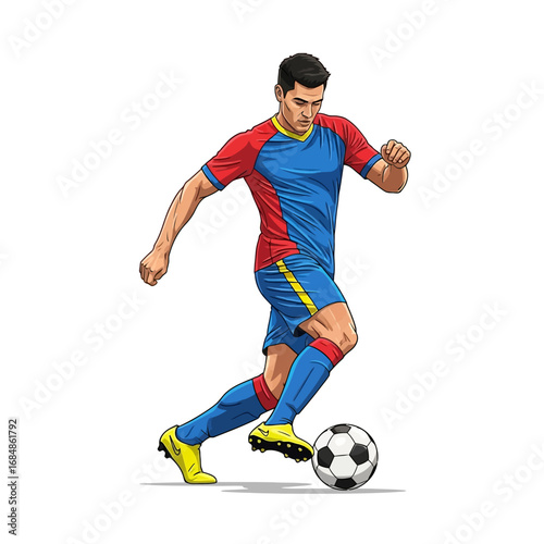 Dynamic soccer player expertly dribbles ball on field, showcasing athletic skill and competitive spirit in vibrant team colors.