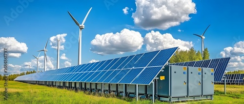 Modern battery�energy storage�system with�wind�and�solar.