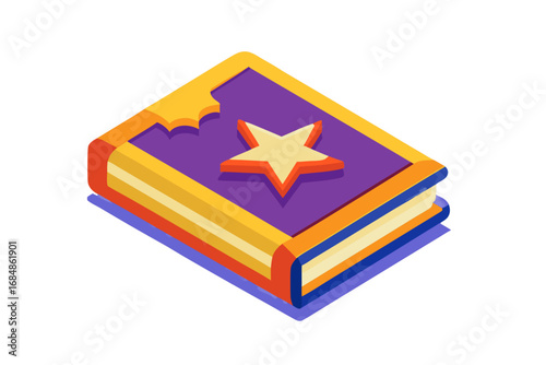 Isometric Magic Spell Book with Golden Sun and Scroll