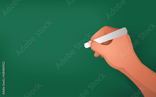Hand Holding Chalk on Green Blackboard, education and school background template for teacher, student, or classroom. Suitable for Back To School or World Teachers’ Day theme. 