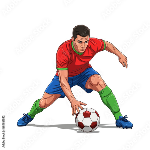 Dynamic footballer skillfully dribbles ball during intense game, showcasing athleticism and determination on the field.