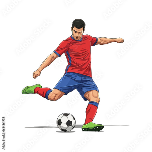 Dynamic athlete powerfully kicks soccer ball during intense match, capturing the thrill of sport and athletic achievement.
