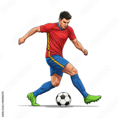 Dynamic athlete skillfully dribbles soccer ball during intense match, capturing athleticism and competitive spirit